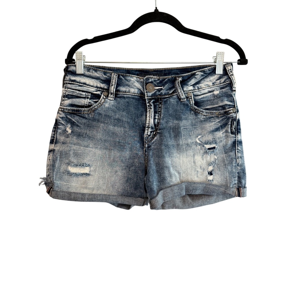 Silver Jeans Co. Denim Shorts Distressed Cuffed Hem Acid‎ Wash Blue